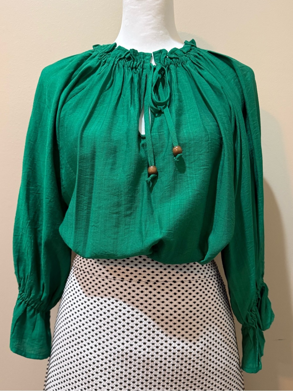 Umgee Emerald Green Peasant Blouse with Tie Neck